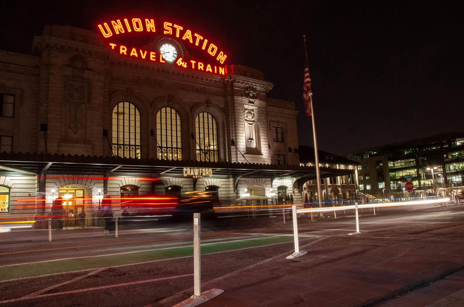 Architecture - Union Station at night with light trails